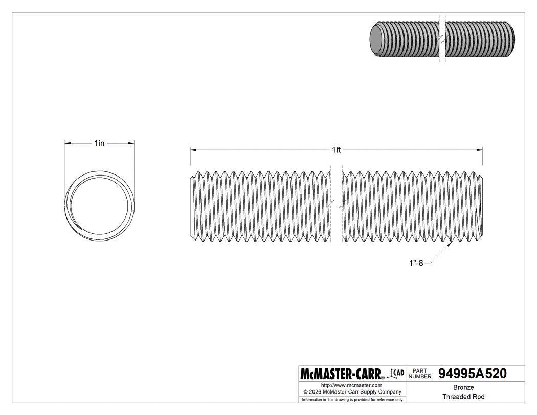 Technical Drawing of Bronze Threaded Rod, 1"-8 Thread Size, 1 Foot Long.